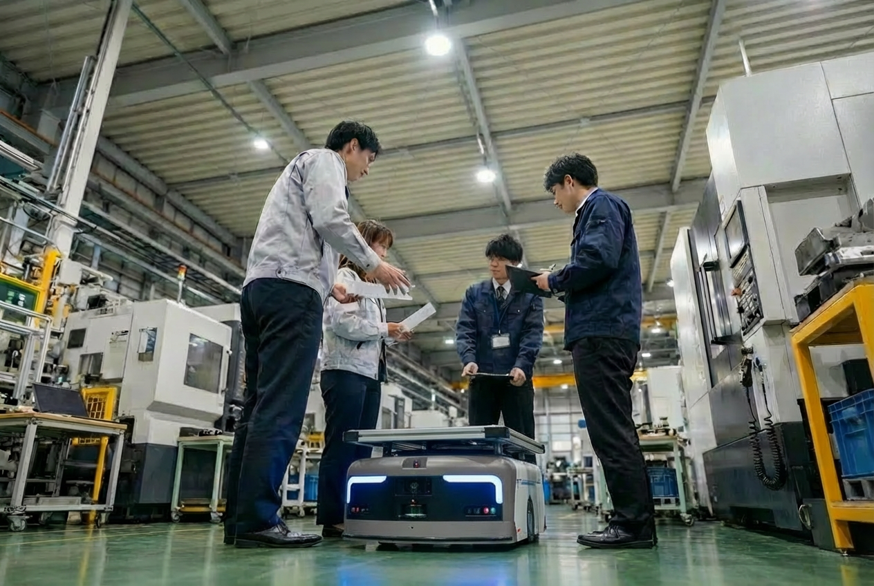 Engineers in work uniforms examining an automated guided vehicle in a large industrial facility.